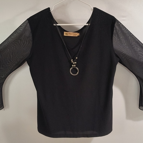 Sweet Tiger Women's Medium Black Long Sleeve Blouse W/Necklace - Picture 4 of 12